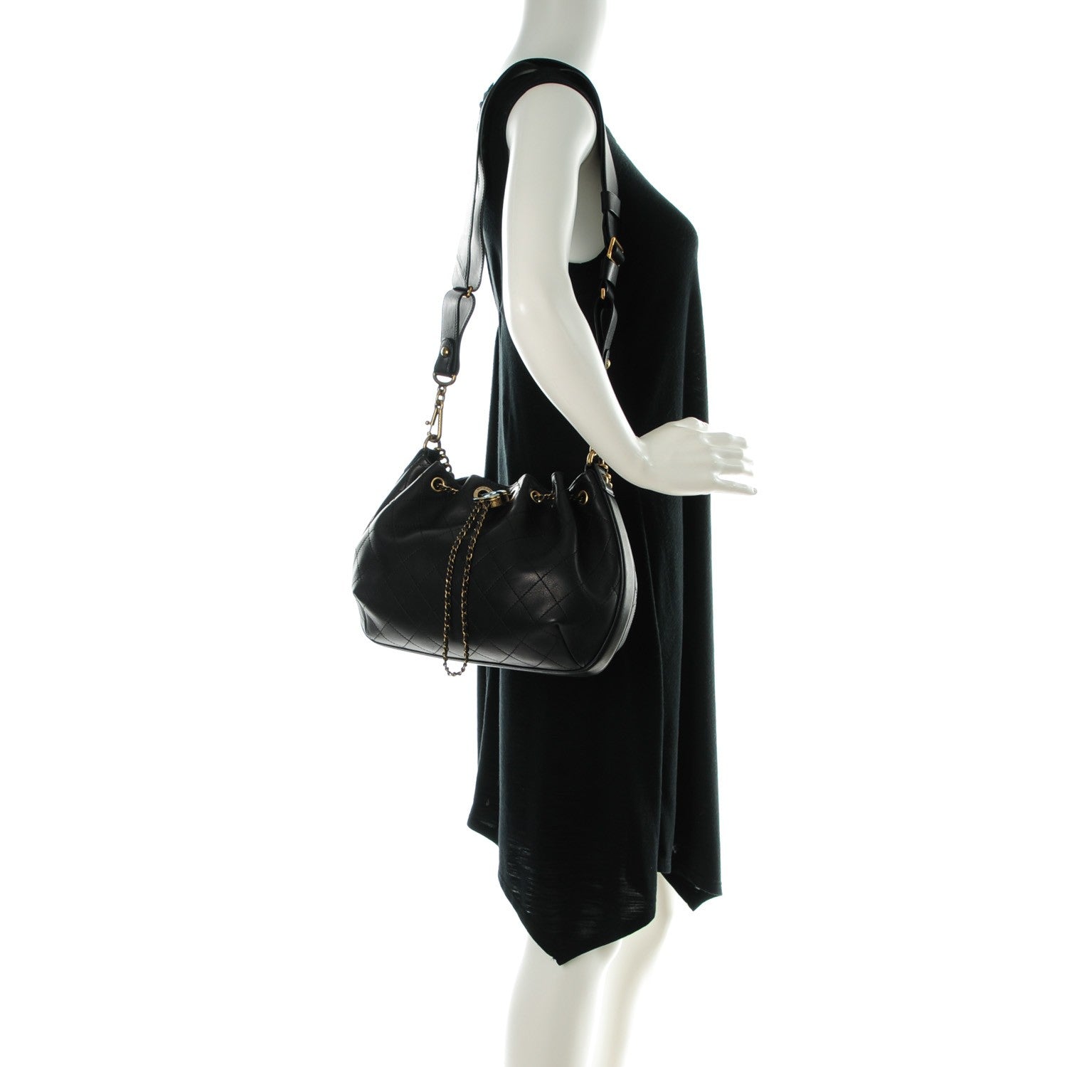 Chanel Calfskin Stitched Medium Drawstring CC Bag Black 2 of 7