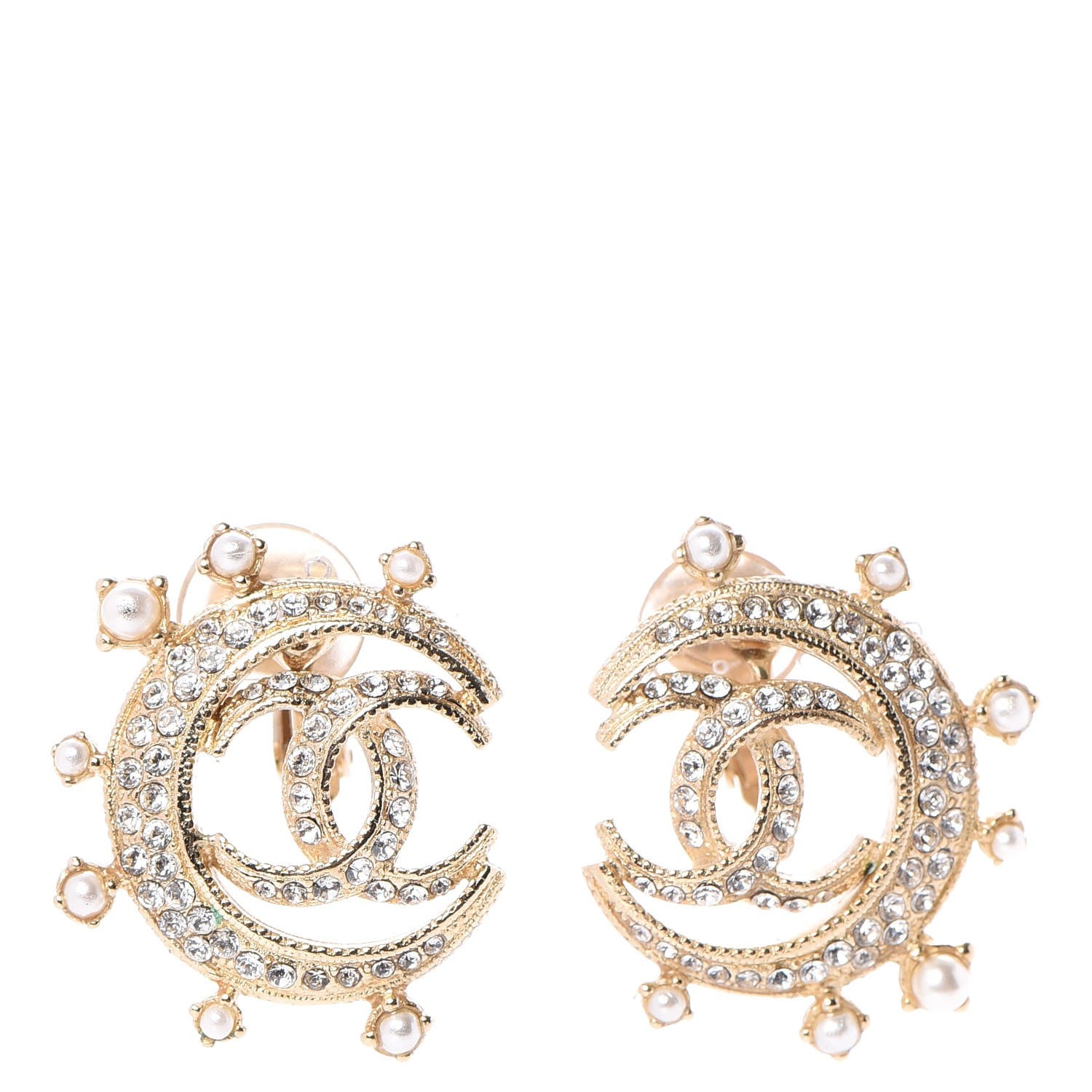 Chanel Crystal Pearl CC Moon Clip On Earrings Gold 1 of 5