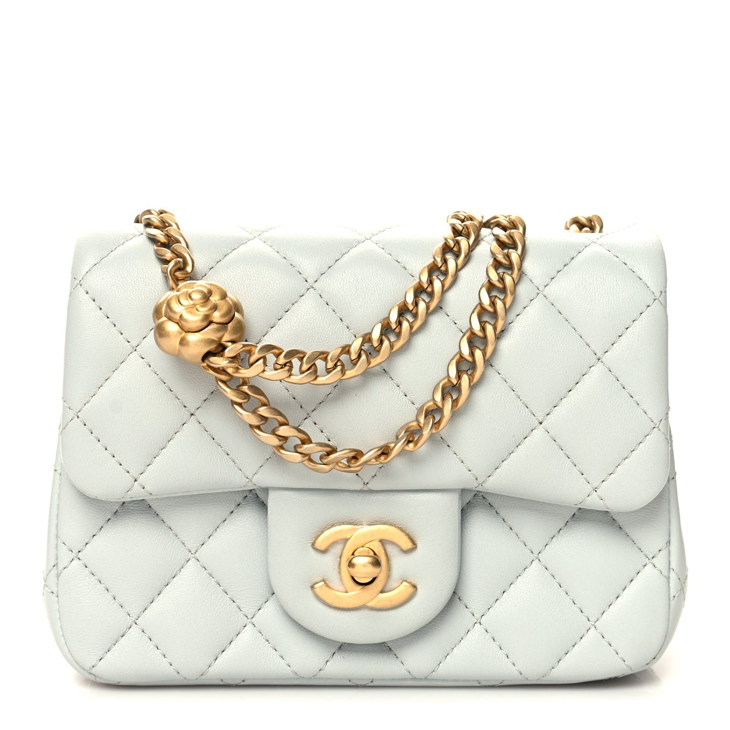 Lambskin Quilted Mini Sweet Camellia Flap Light Blue
