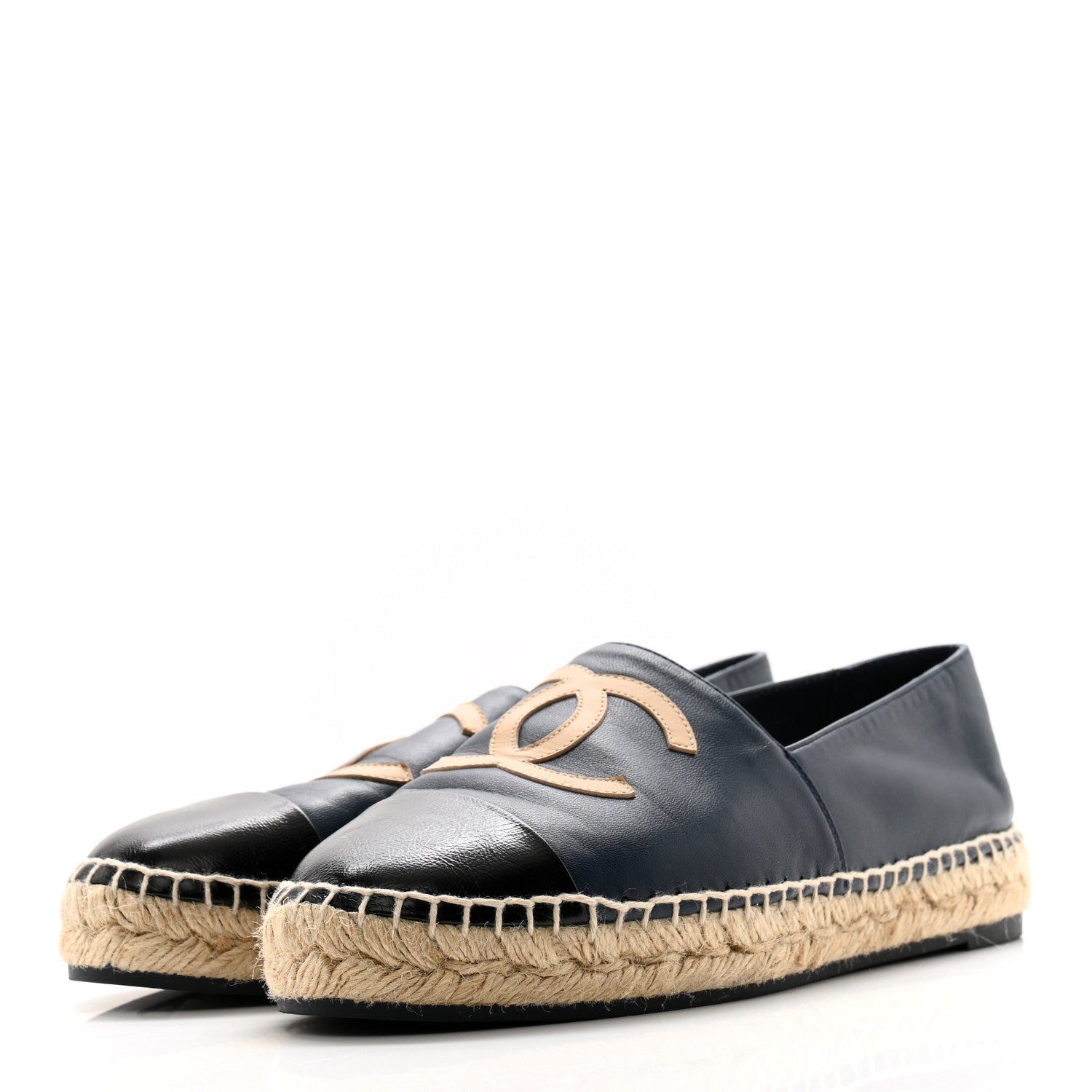 Chanel Lambskin Shiny Calfskin CC Espadrilles 39 Navy Blue Beige Black 3 of 9