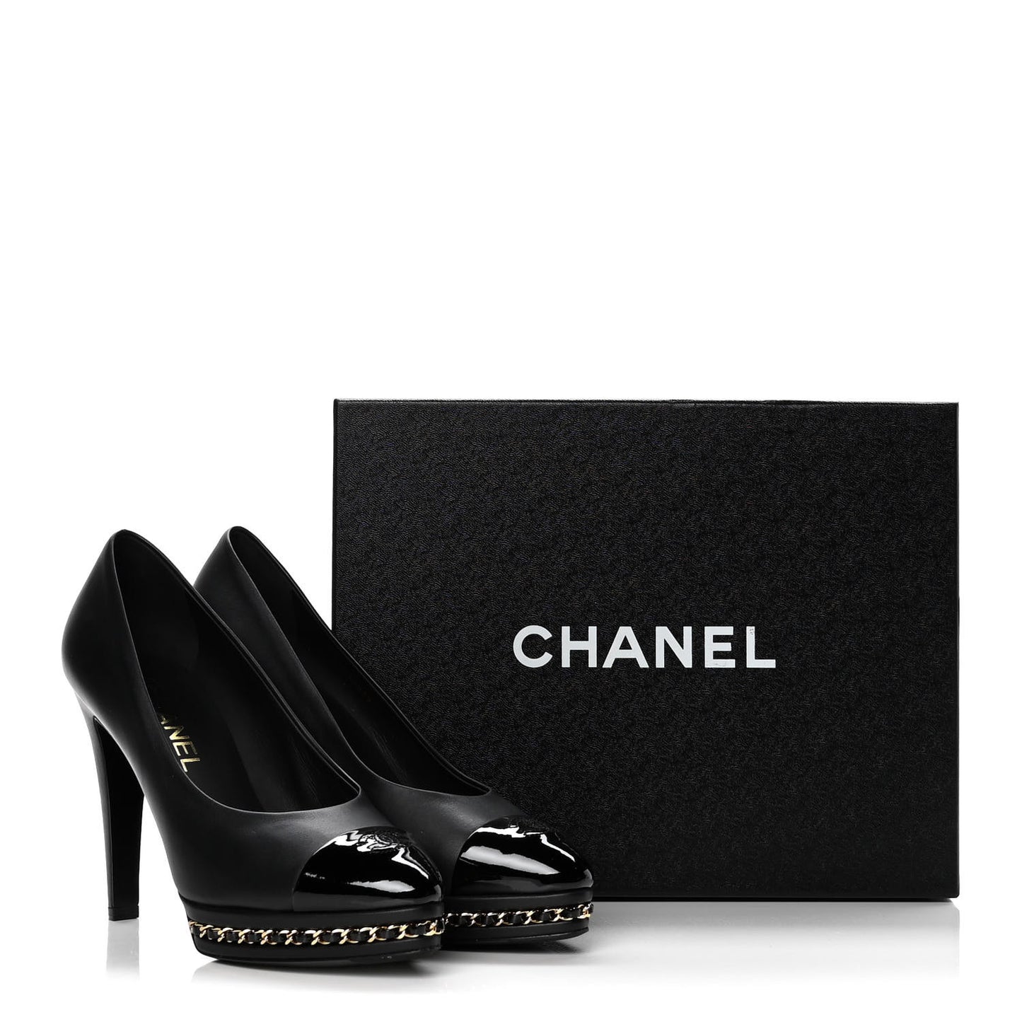 Calfskin Patent Cap Toe Chain Pumps 38.5 Black