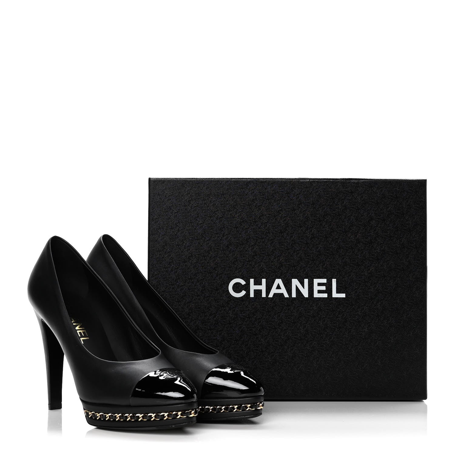 Chanel Calfskin Patent Cap Toe Chain Pumps 38.5 Black 12 of 12