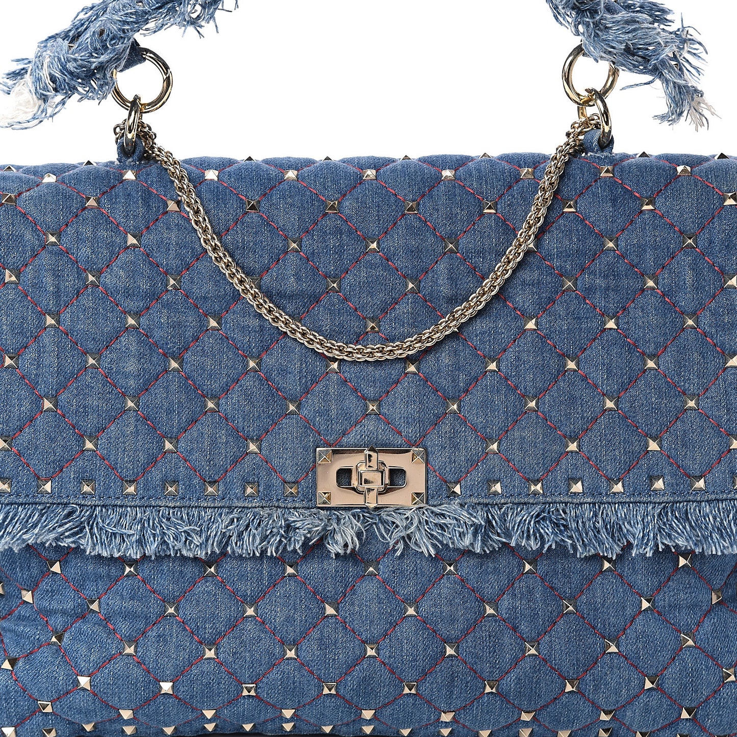 Denim Fringe Maxi Rockstud Spike Shoulder Bag Blue