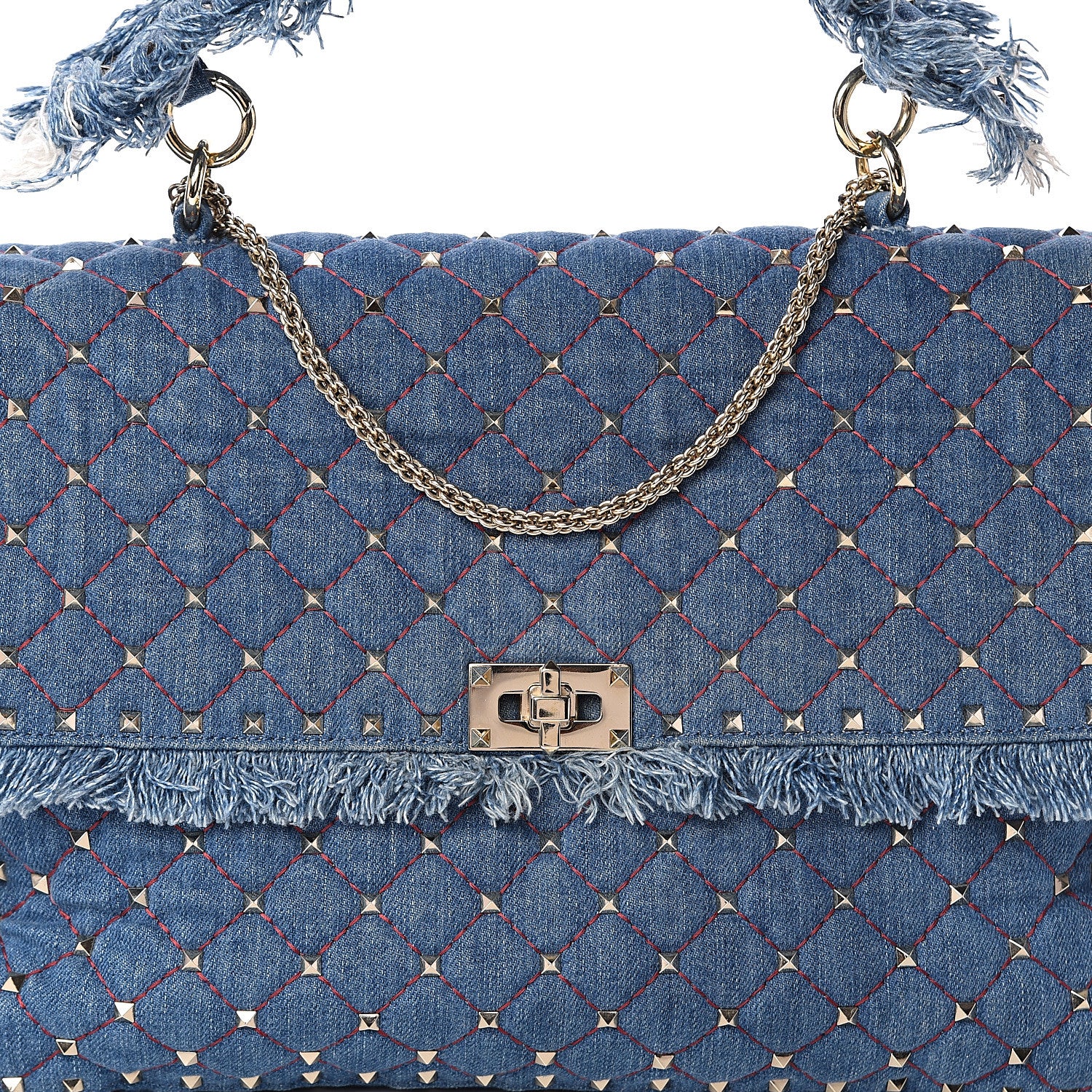 Valentino Garavani Denim Fringe Maxi Rockstud Spike Shoulder Bag Blue 6 of 8