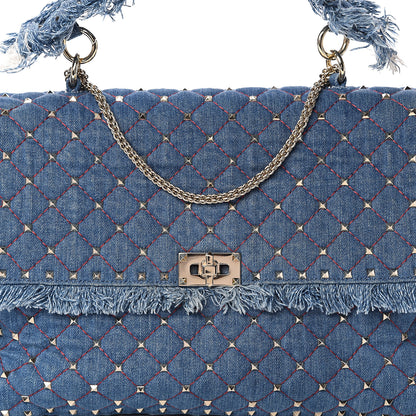 Valentino Garavani Denim Fringe Maxi Rockstud Spike Shoulder Bag Blue 6 of 8