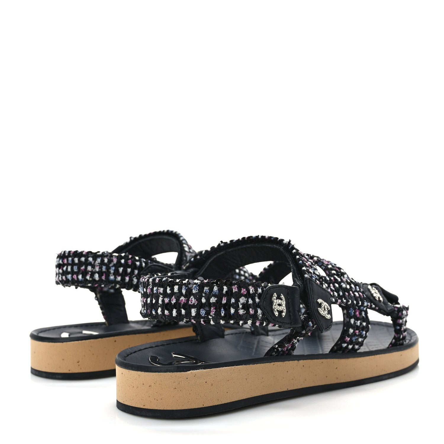 Chanel Glittered Tweed Lambskin Dad Sandals 37 Black Blue Pink White White 4 of 9