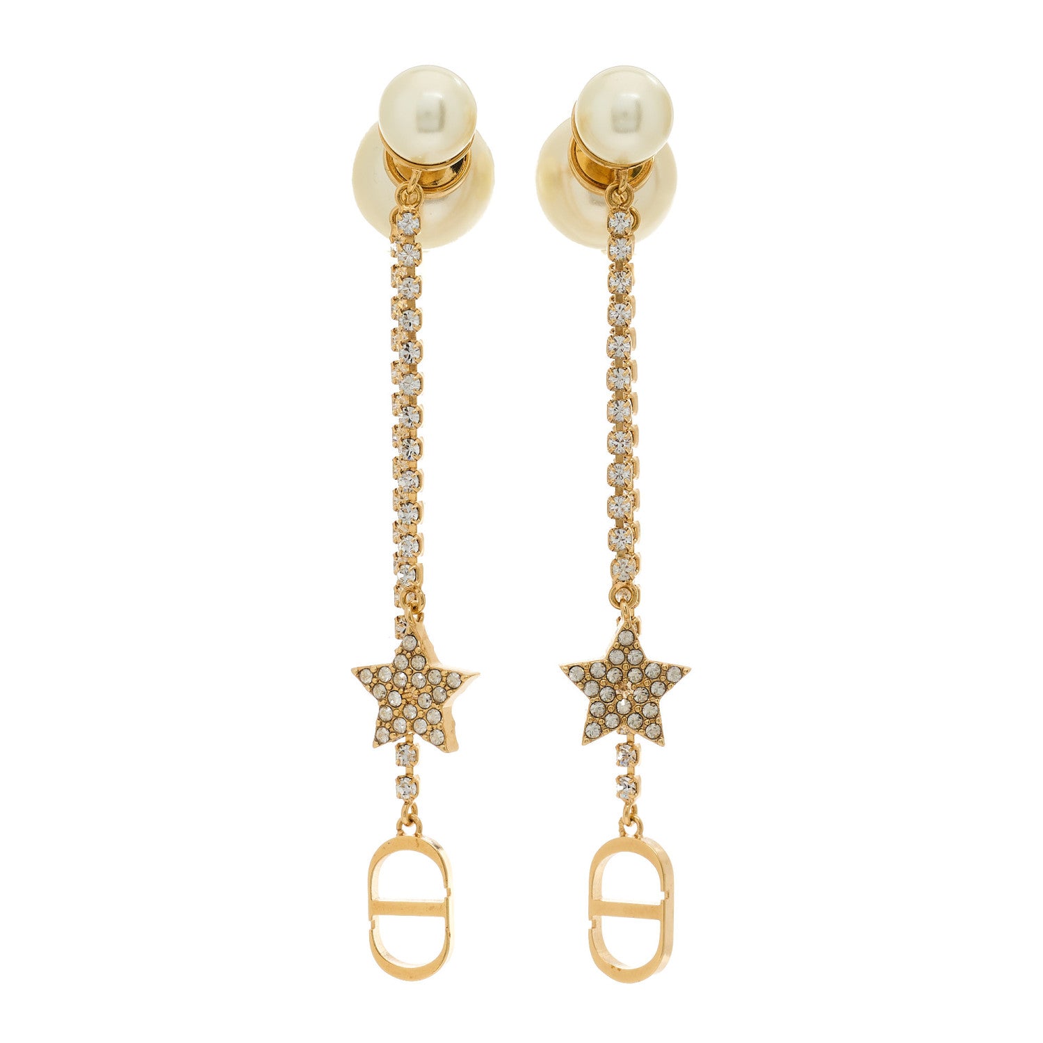 Christian Dior Pearl Crystal Star Tribale Dangle Chain Earrings Gold 1 of 5
