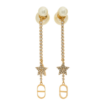 Christian Dior Pearl Crystal Star Tribale Dangle Chain Earrings Gold 1 of 5