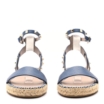 Valentino Garavani Grained Calfskin Rockstud Ankle Strap Espadrille Flat Sandals 40 Baltique 2 of 8