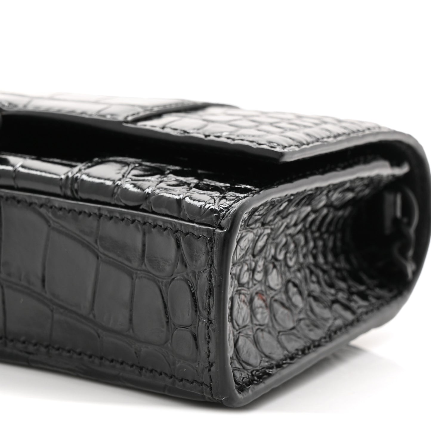 Shiny Calfskin Monochrome Crocodile Embossed Hourglass Chain Bag Black