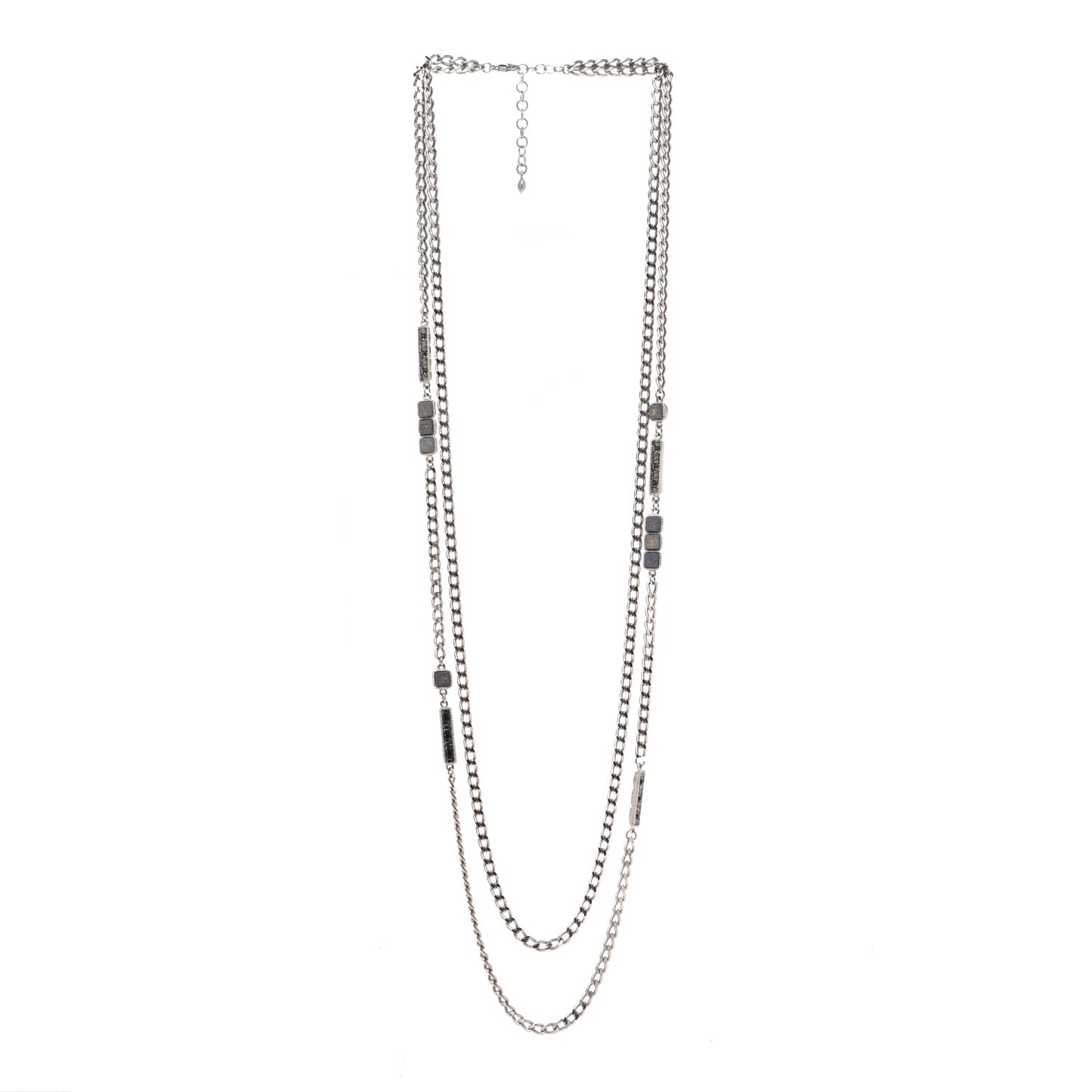 Crystal Baguette Stone Multi Strand Necklace Silver