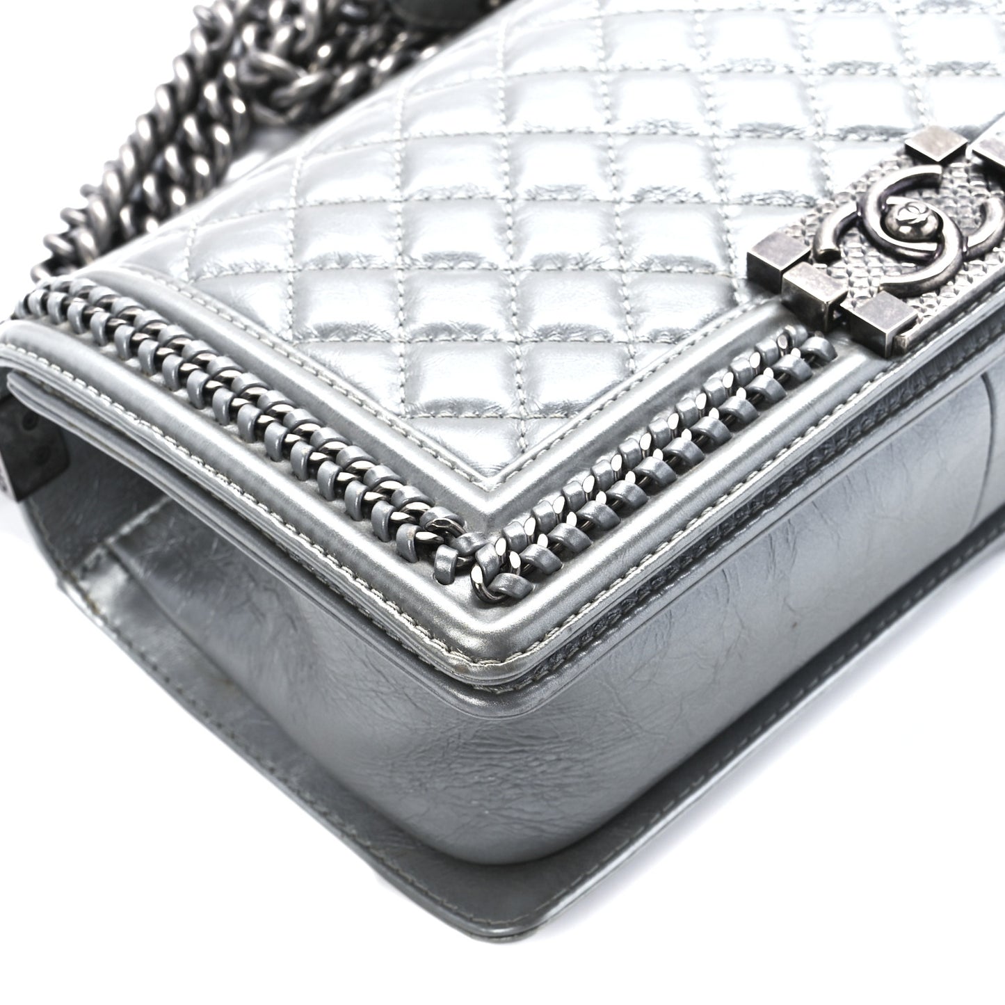Metallic Aged Calfskin Quilted Medium Top Handle Boy Flap Silver