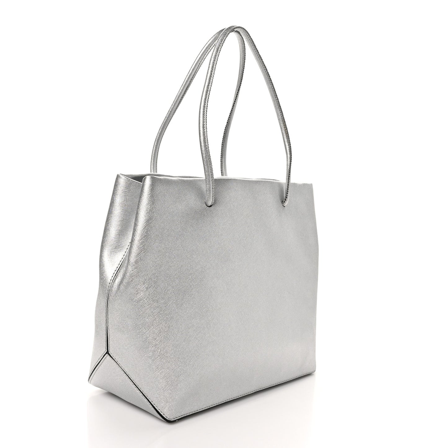Metallic Saffiano Embossed Logo East West Shopper Tote Silver