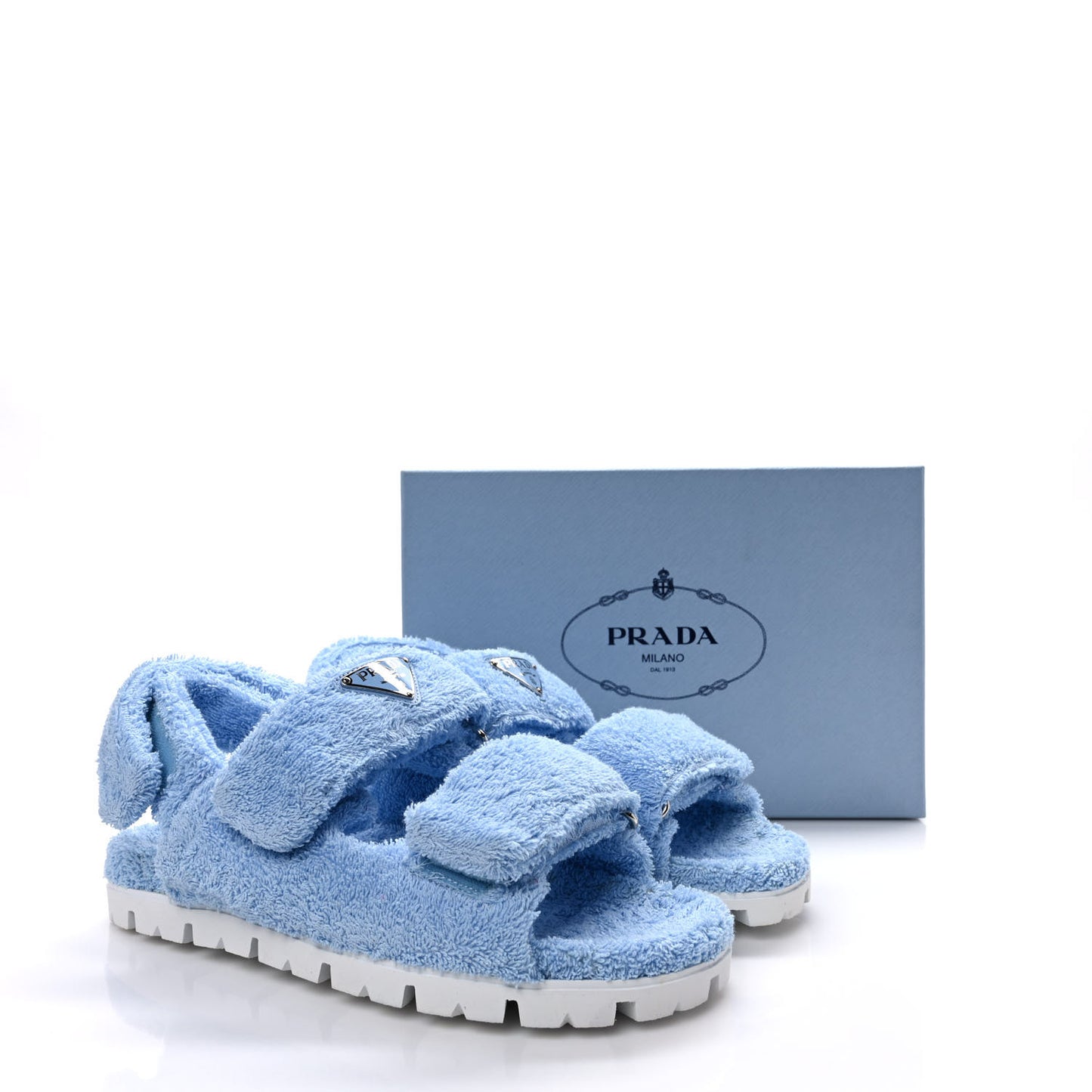 Terry Cloth Metal Triangle Logo Double Strap Slingback Lug Sole 20mm Sandals 41 Celeste