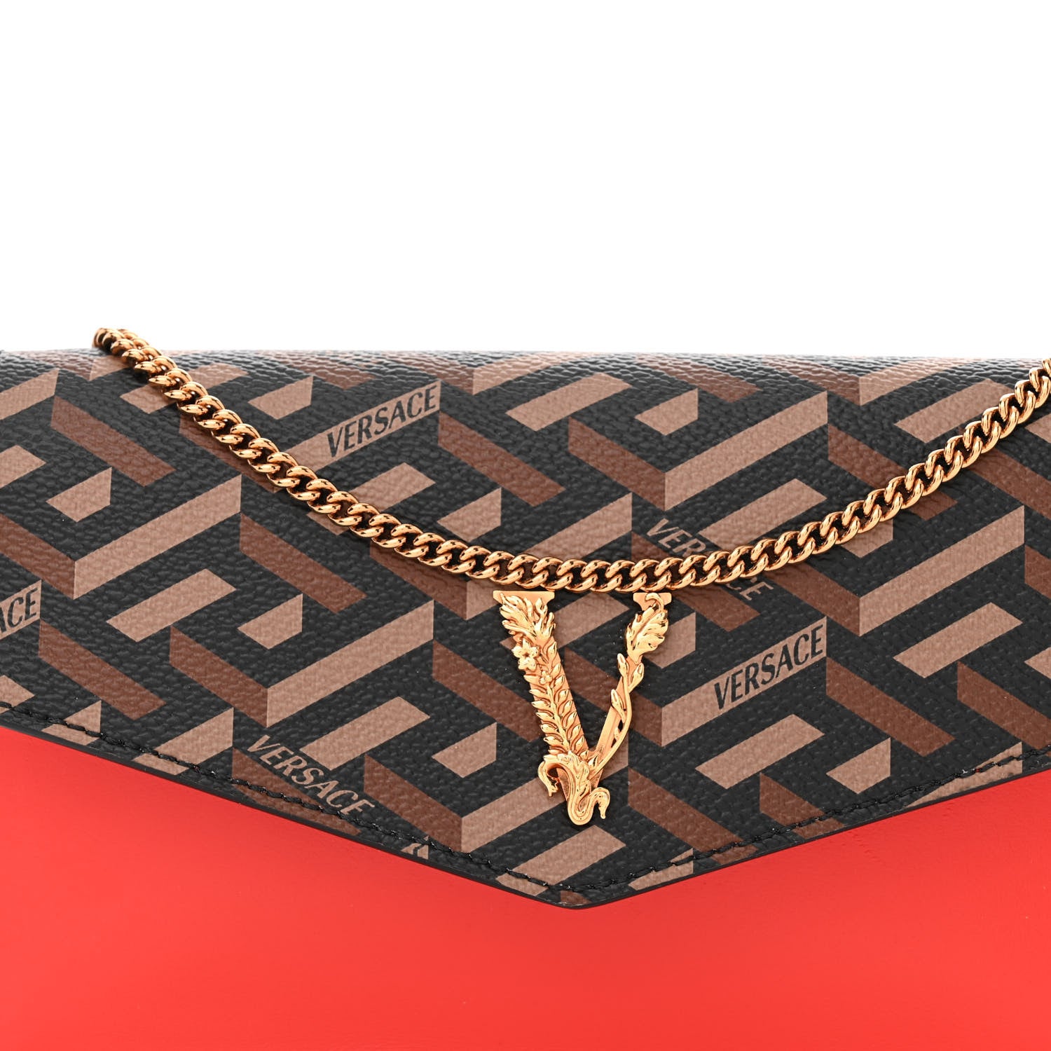 Versace Coated Canvas Virtus V La Greca Signature Wallet On Chain Red Caramel 7 of 9