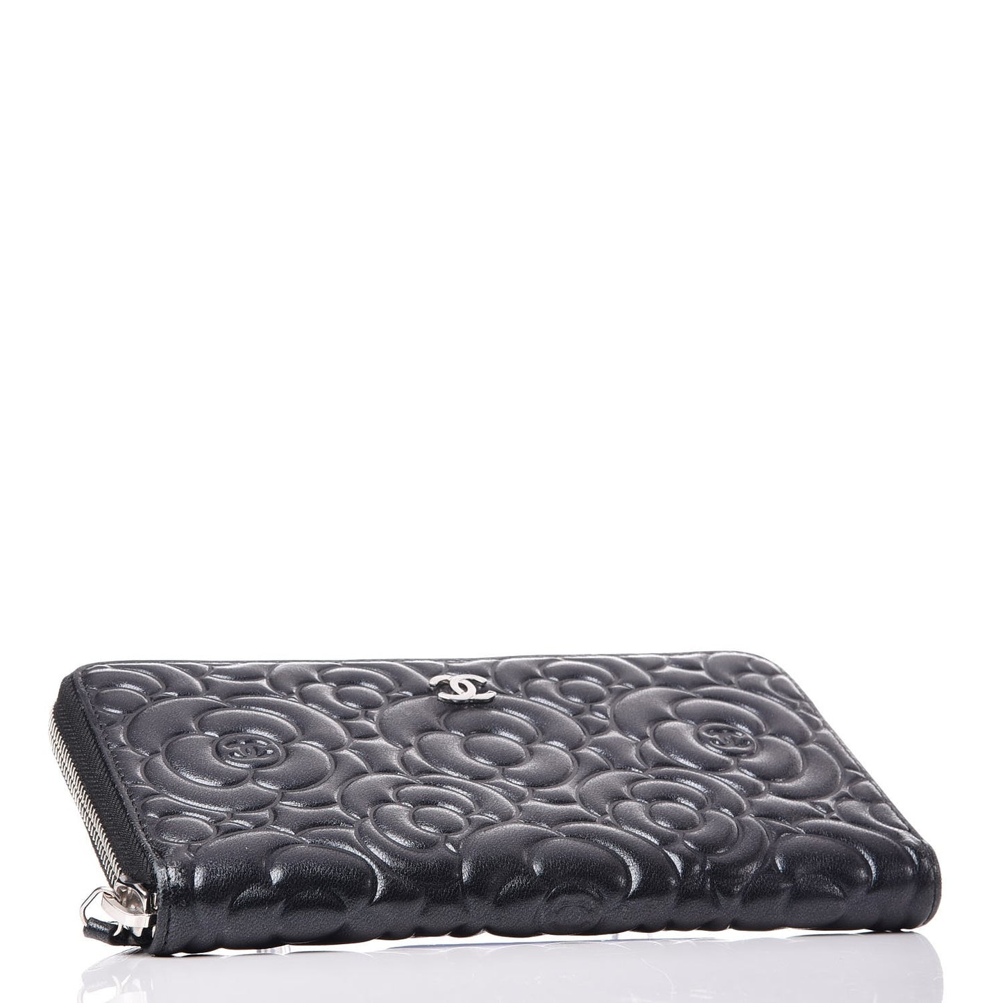 Lambskin Camellia Embossed Large Zip Around Gusset Wallet Black