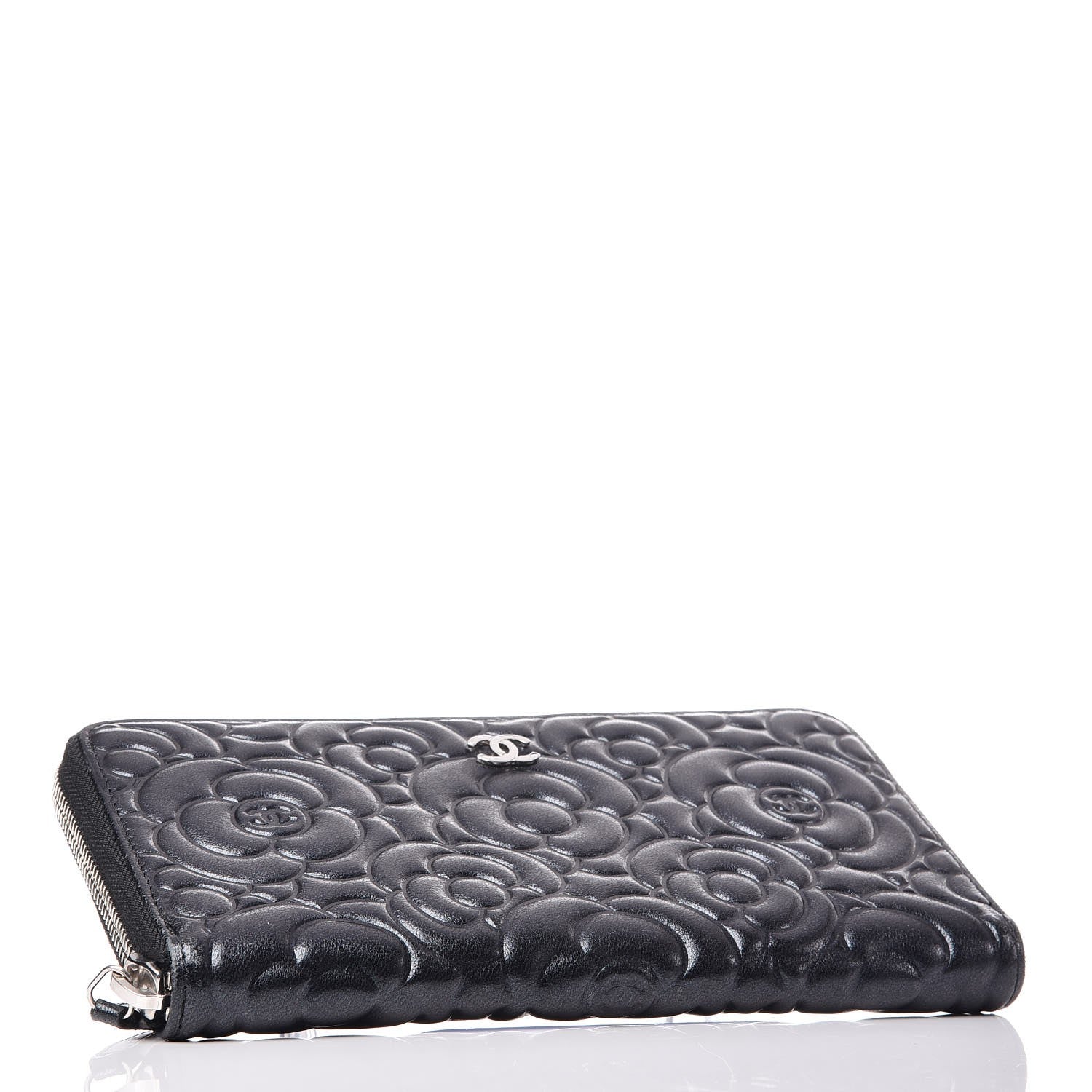 Chanel Lambskin Camellia Embossed Large Zip Around Gusset Wallet Black 4 of 14