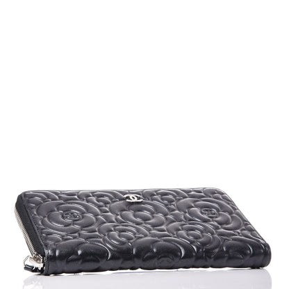 Chanel Lambskin Camellia Embossed Large Zip Around Gusset Wallet Black 4 of 14