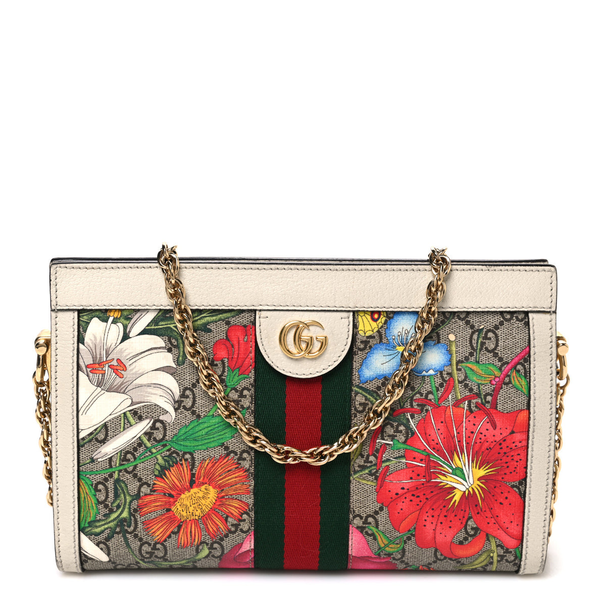 GG Supreme Monogram Flora Web Small Ophidia Chain Shoulder Bag White