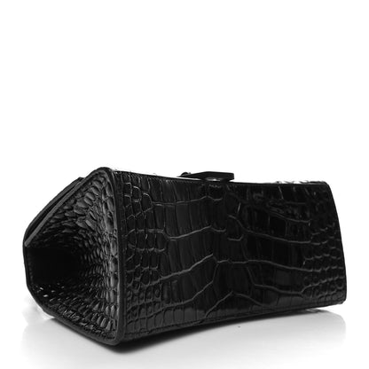 Balenciaga Shiny Calfskin Monochrome Crocodile Embossed Small Hourglass Top Handle Bag Black 4 of 10