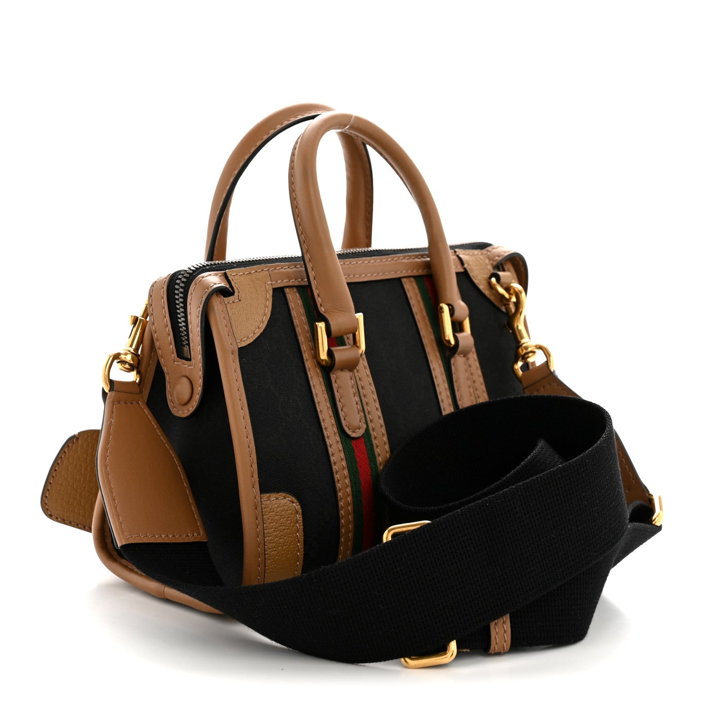 Monogram Textured Dollar Calfskin Web Mini Bauletto Duffle Top Handle Bag Black Koi Beige