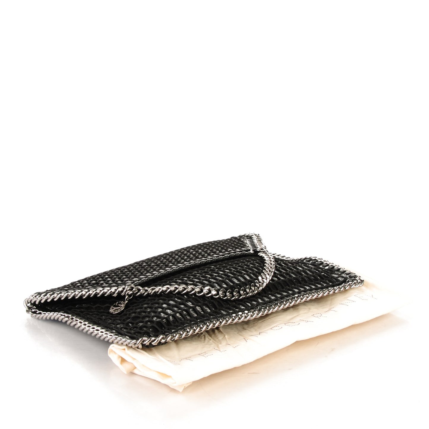 Patent Net Fold Over Falabella Clutch Black