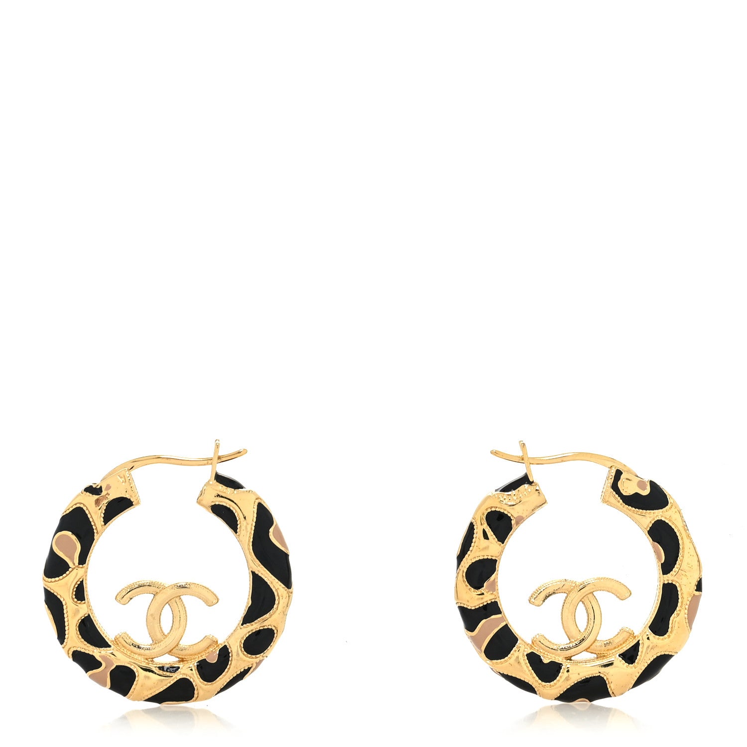 Chanel Metal Leopard Print CC Hoop Earrings Gold Black Beige 1 of 4