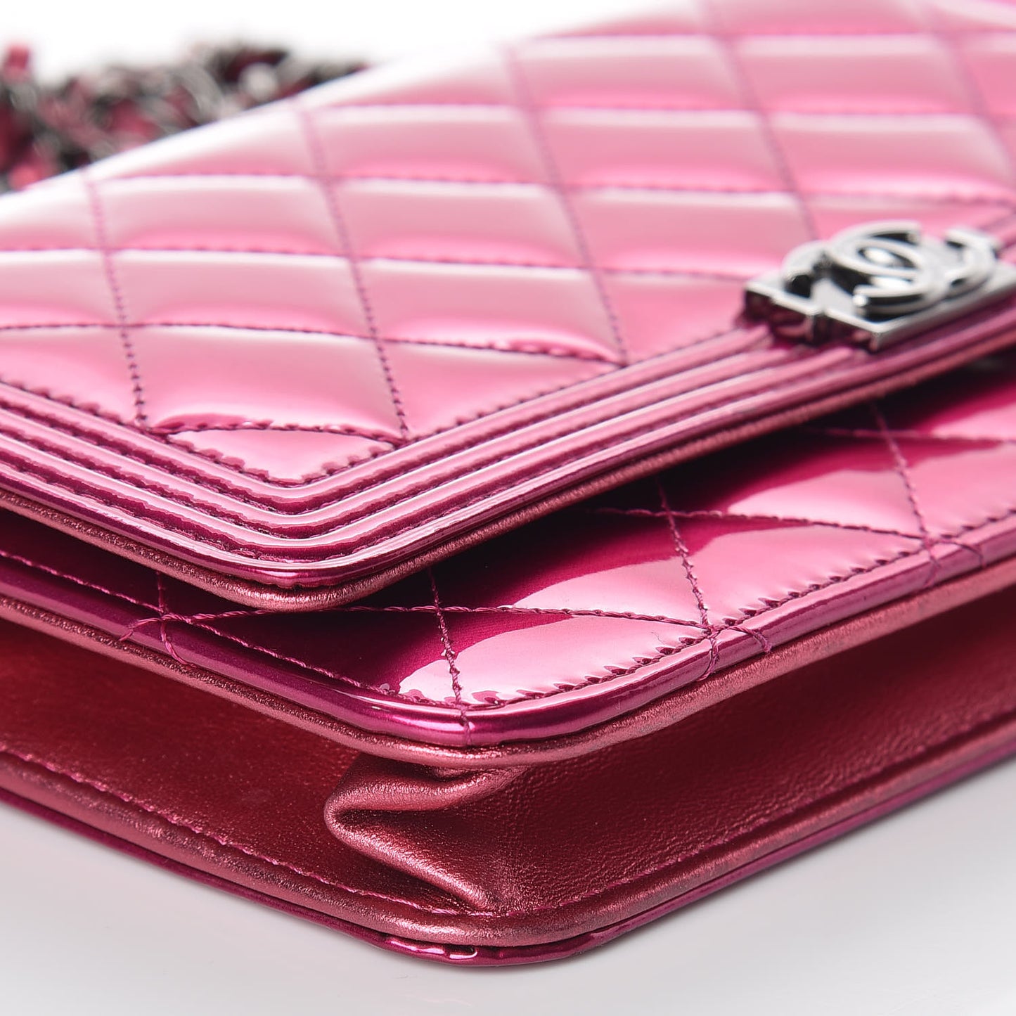 Metallic Patent Calfskin Quilted Boy Wallet On Chain WOC Fuchsia