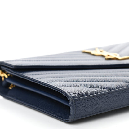 Saint Laurent Grain De Poudre Matelasse Chevron Monogram Chain Wallet Deep Marine 9 of 11