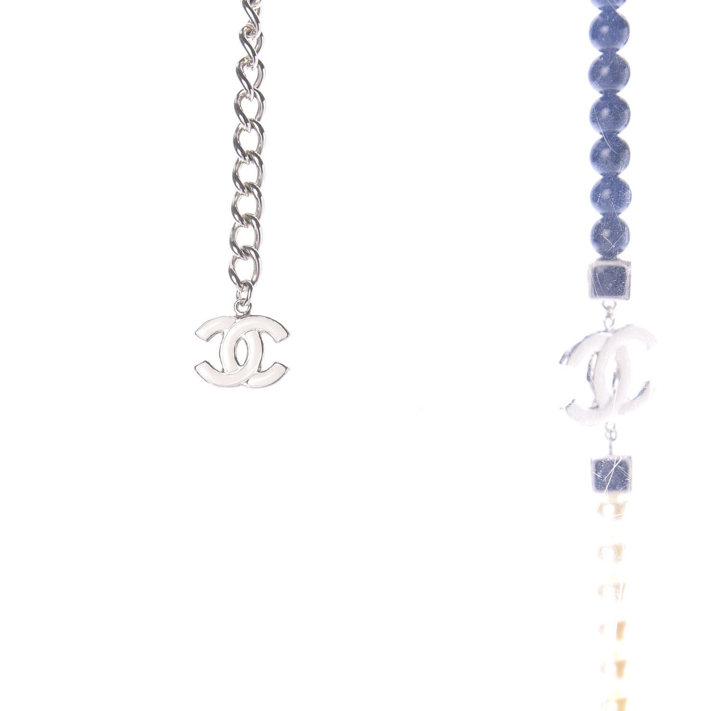 Pearl Bead Enamel CC Long Necklace Pearly White Blue