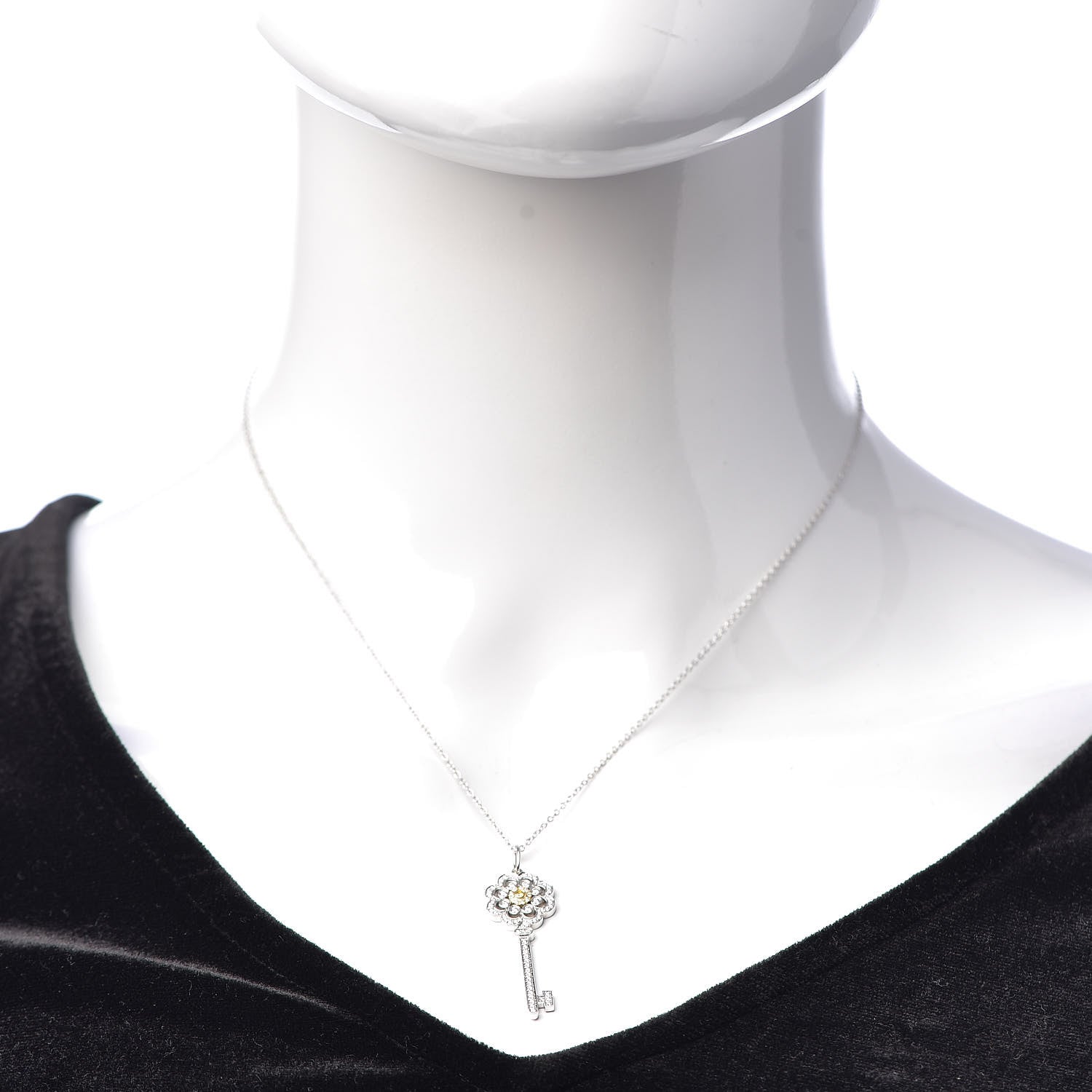Tiffany Platinum 18K White Yellow Gold Diamond Fancy Yellow Diamond Rose Key Pendant Necklace 2 of 7