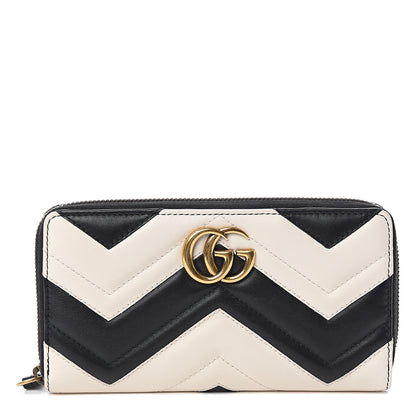 Gucci Calfskin Matelasse GG Marmont Zip Around Wallet Black White 1 of 7
