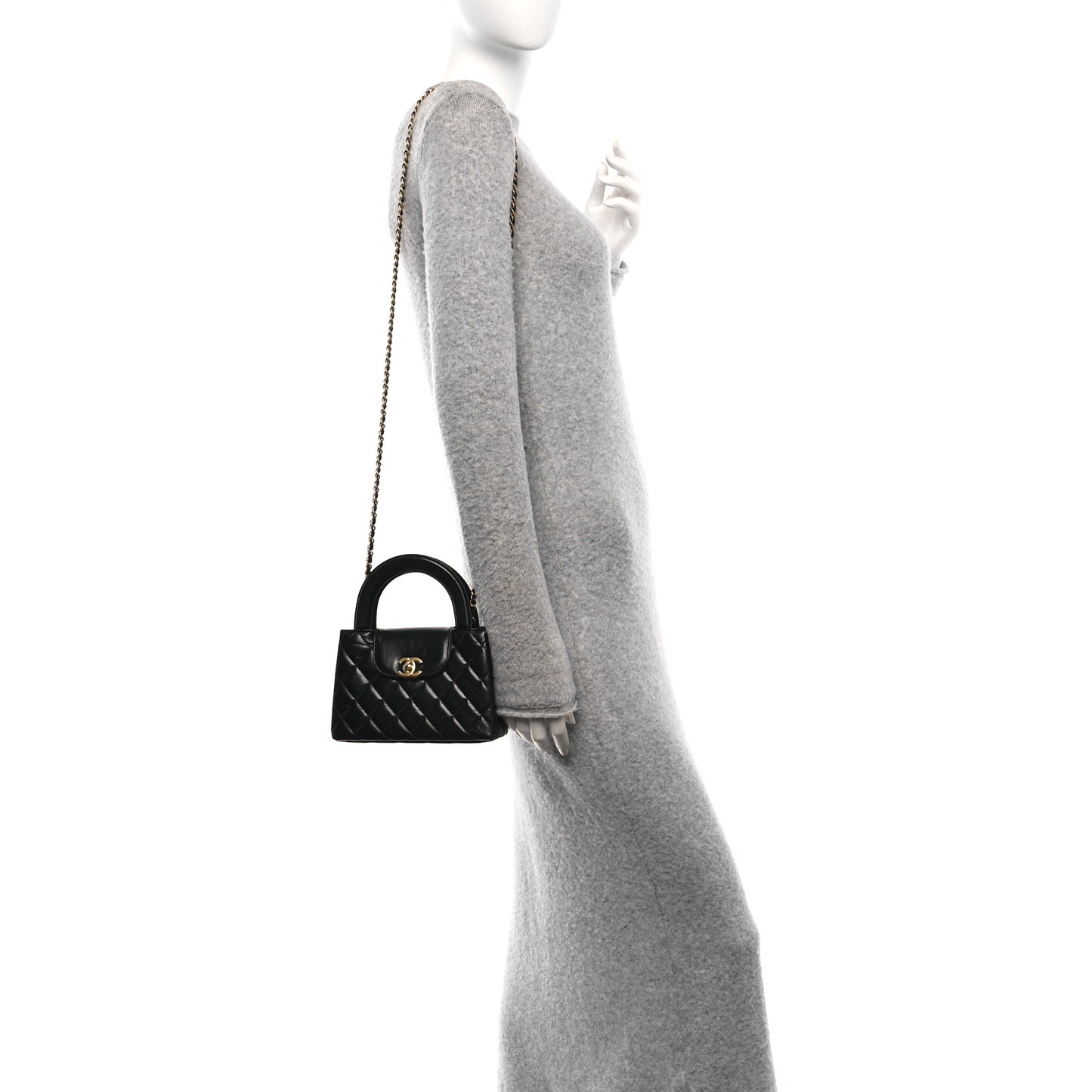 Shiny Aged Calfskin Quilted Nano Kelly Shopper Black