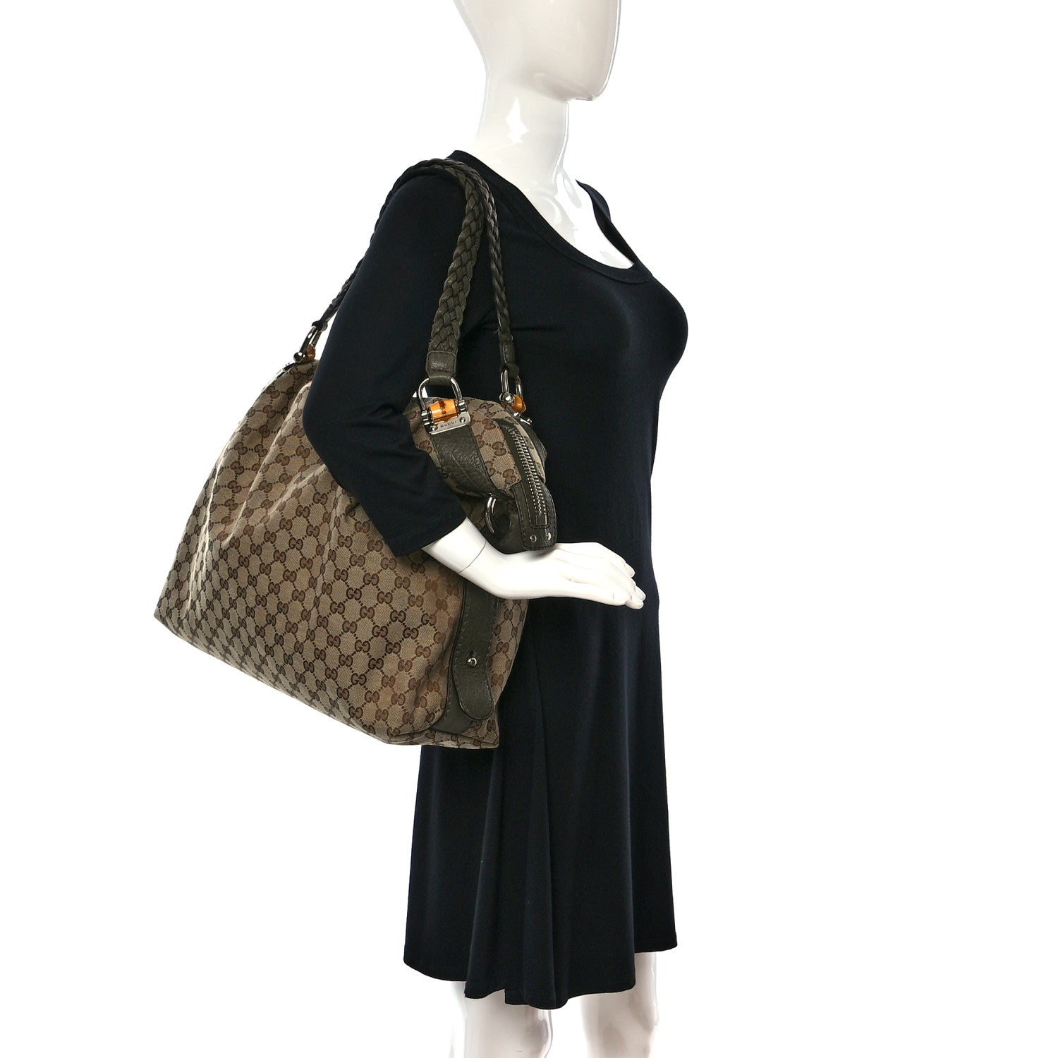 Gucci Monogram Large Bamboo Bar Tassel Shoulder Bag Green 2 of 9