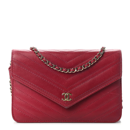 Chanel Goatskin Chevron Quilted Statement Wallet On Chain WOC Dark Pink 1 of 13