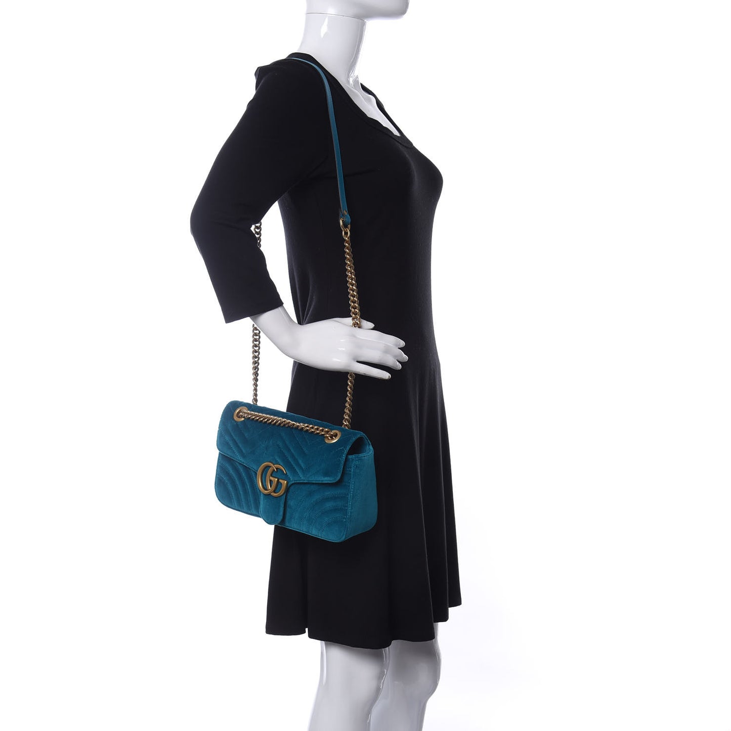 Velvet Matelasse Small GG Marmont Shoulder Bag Pavone Cyan