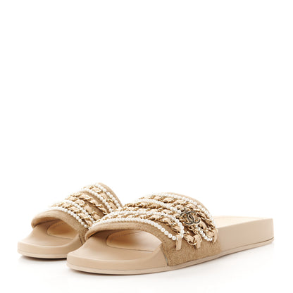 Chanel Canvas Chain Flat Sandals 38 Beige 3 of 8
