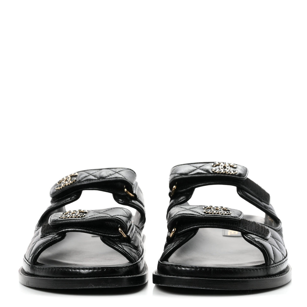Lambskin Quilted Velcro Dad Chain CC Slide Sandals 39.5 Black
