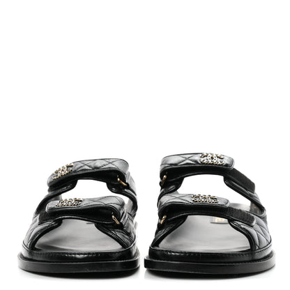Chanel Lambskin Quilted Velcro Dad Chain CC Slide Sandals 39.5 Black 3 of 10