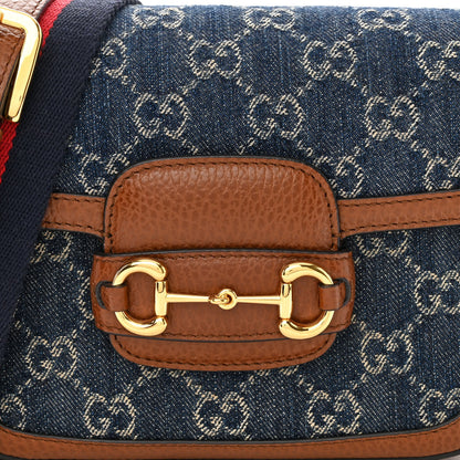 Gucci New Denim GG Monogram Dollar Calfskin Web Mini Horsebit 1955 Shoulder Bag Blue Tea Cuir Epilog 8 of 10
