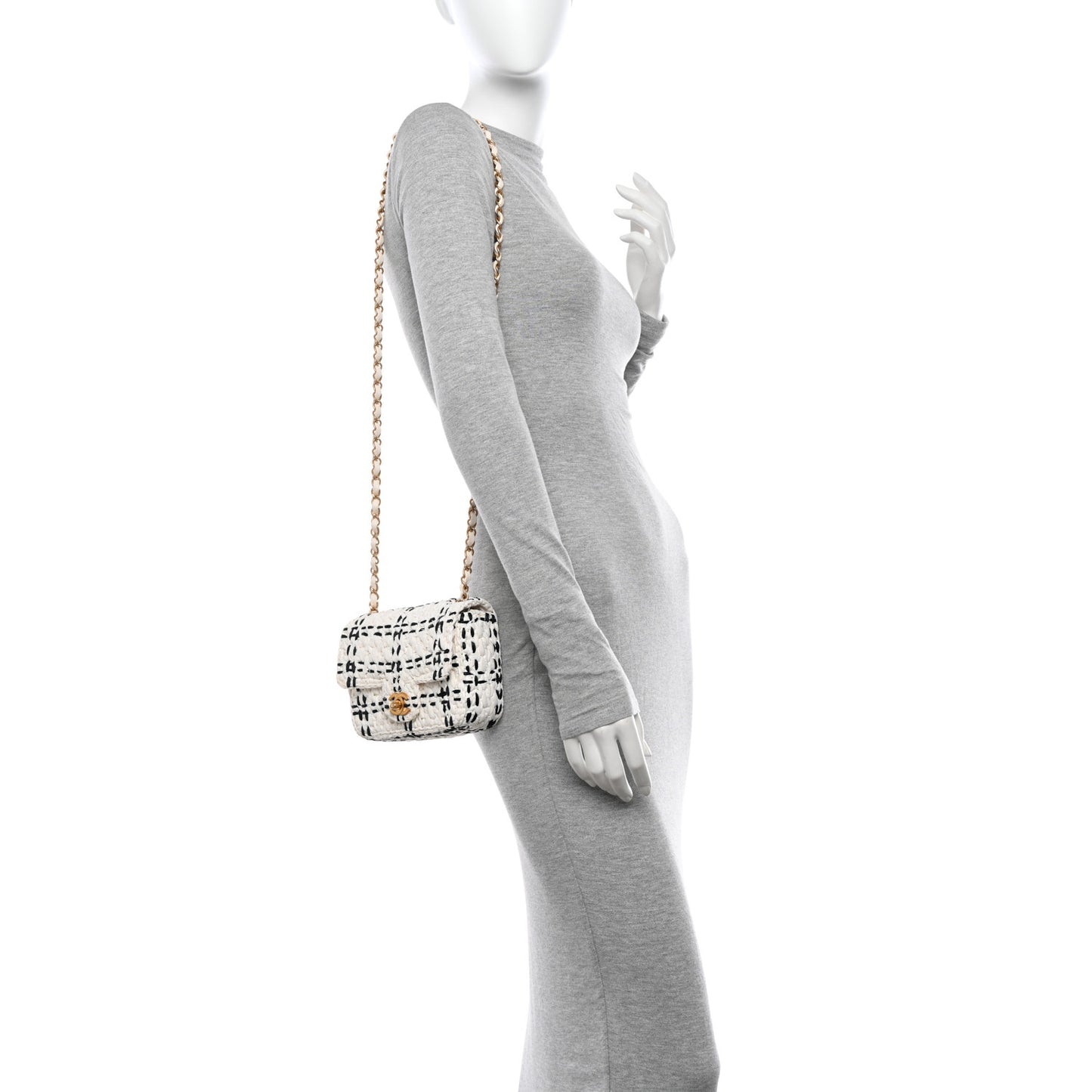 Raffia Effect Tweedy Mini Flap Bag White Black
