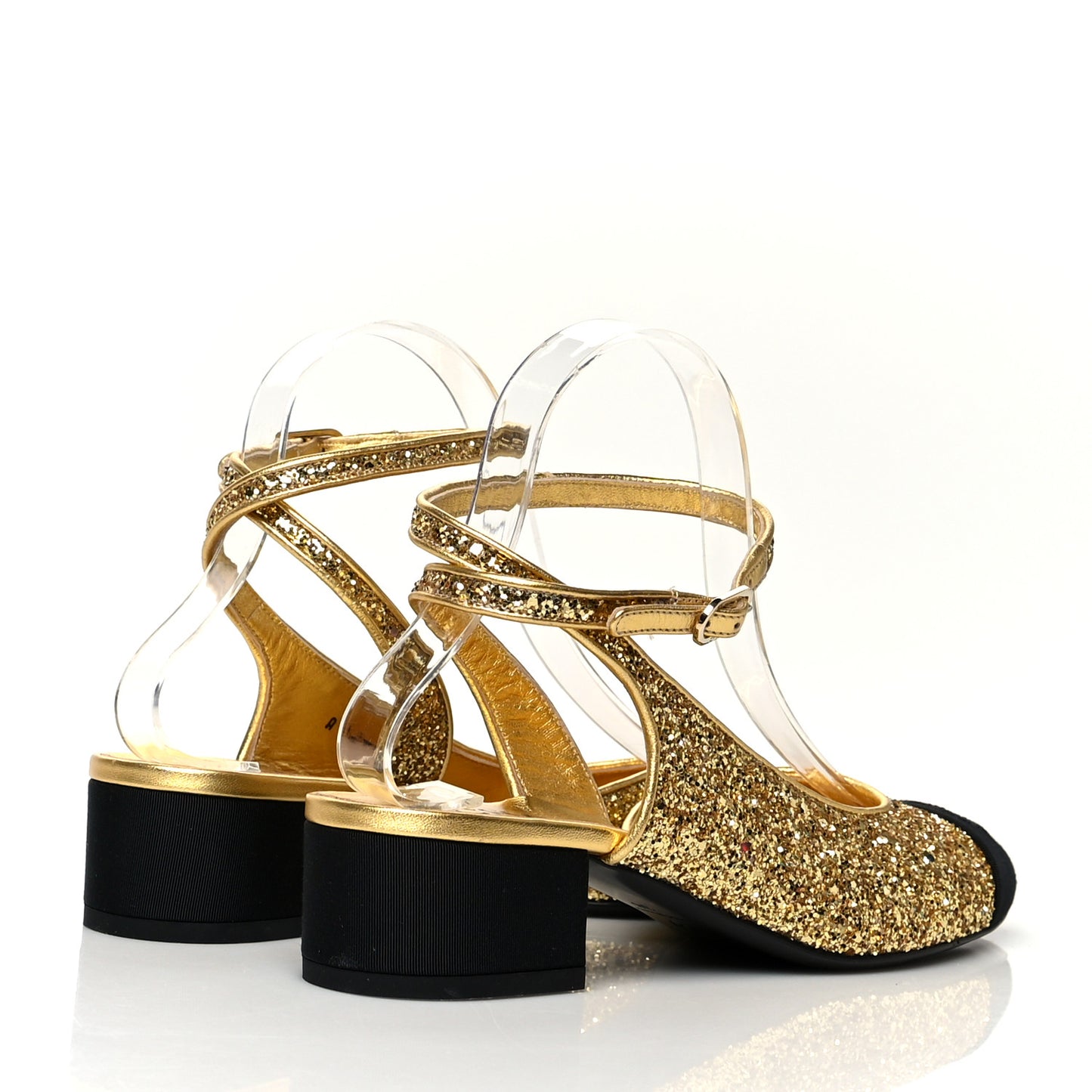 Glitter Grosgrain Cap Toe CC Ankle Wrap Pumps 38 Gold Black