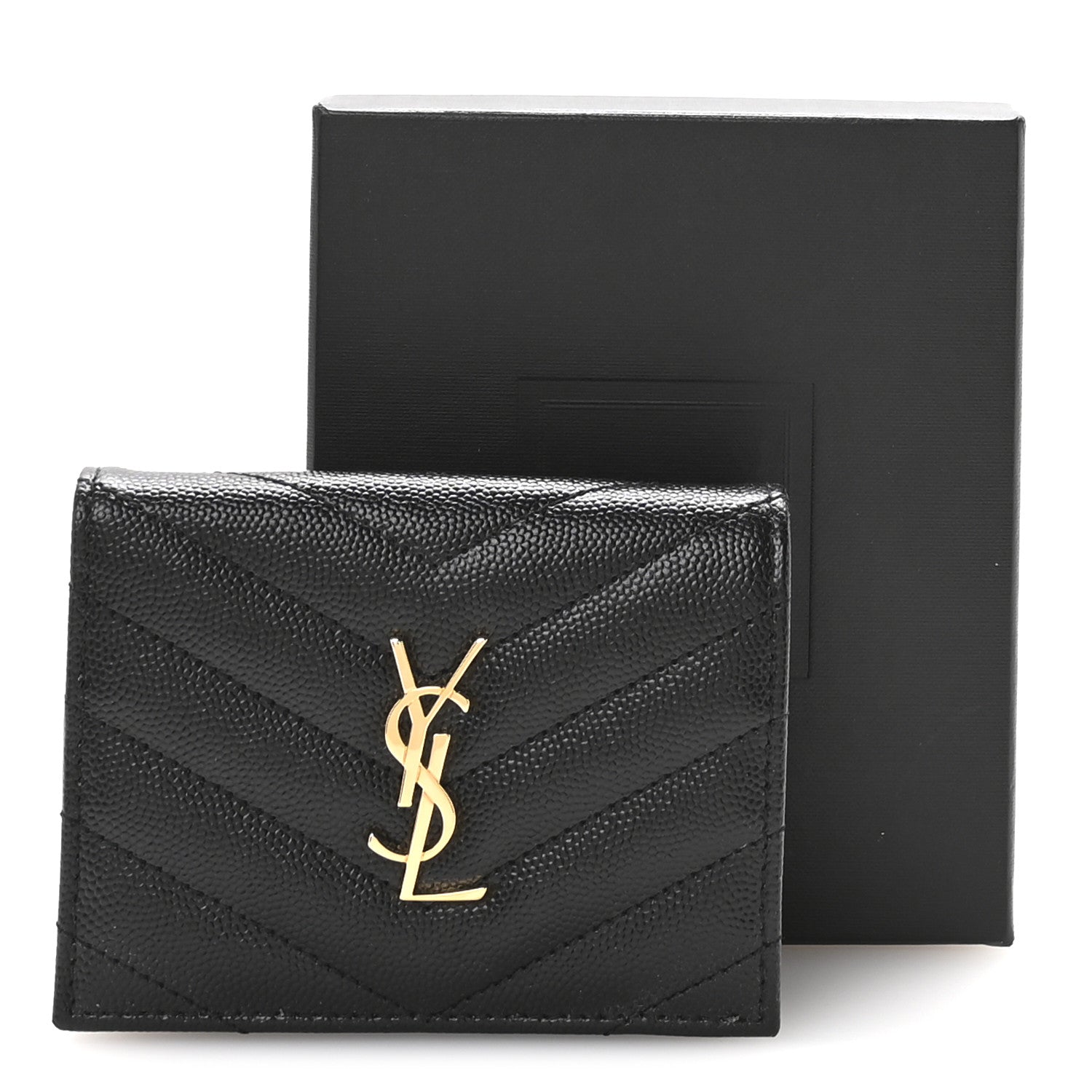 Saint Laurent Grain De Poudre Matelasse Chevron Monogram Flap Card Case Black 8 of 8