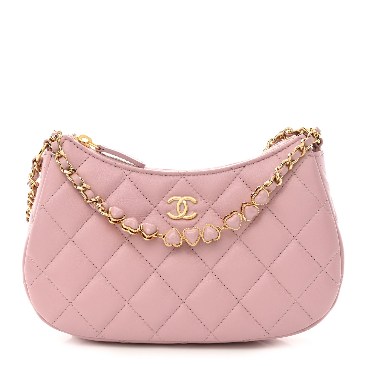 Shiny Crumpled Calfskin Quilted Enamel Heart Hobo Light Pink