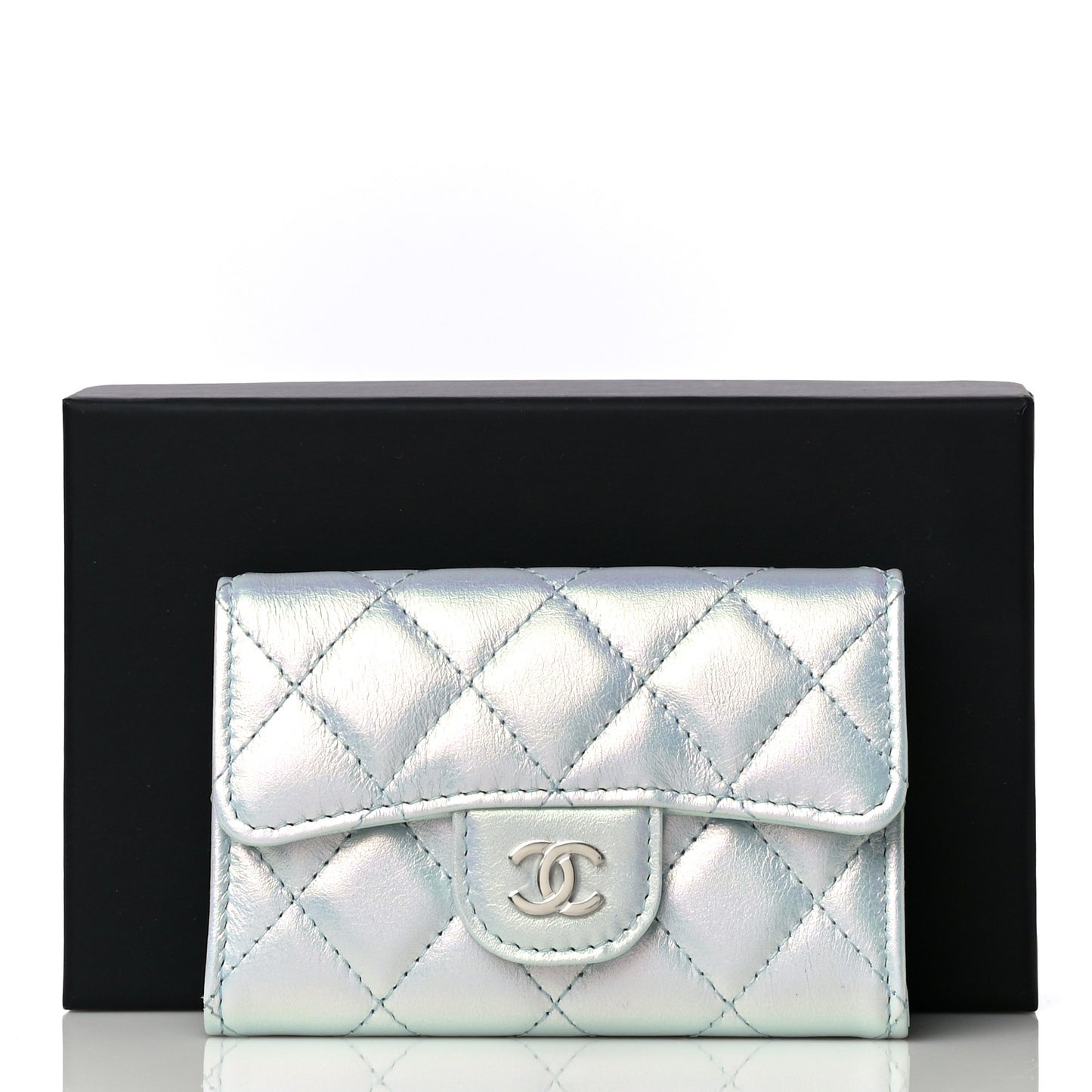 Iridescent Calfskin Quilted Flap Card Holder Light Blue