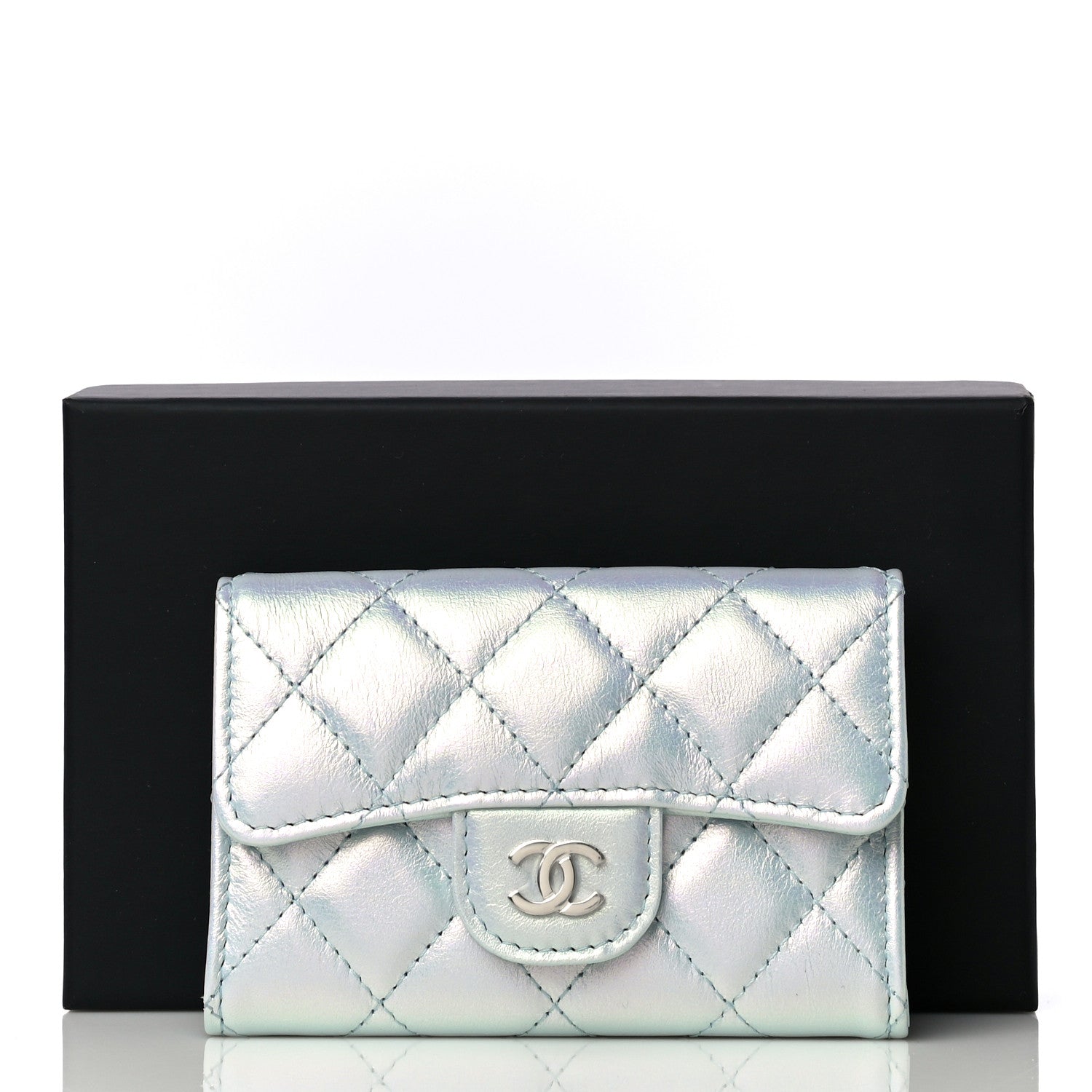 Chanel Iridescent Calfskin Quilted Flap Card Holder Light Blue 12 of 12