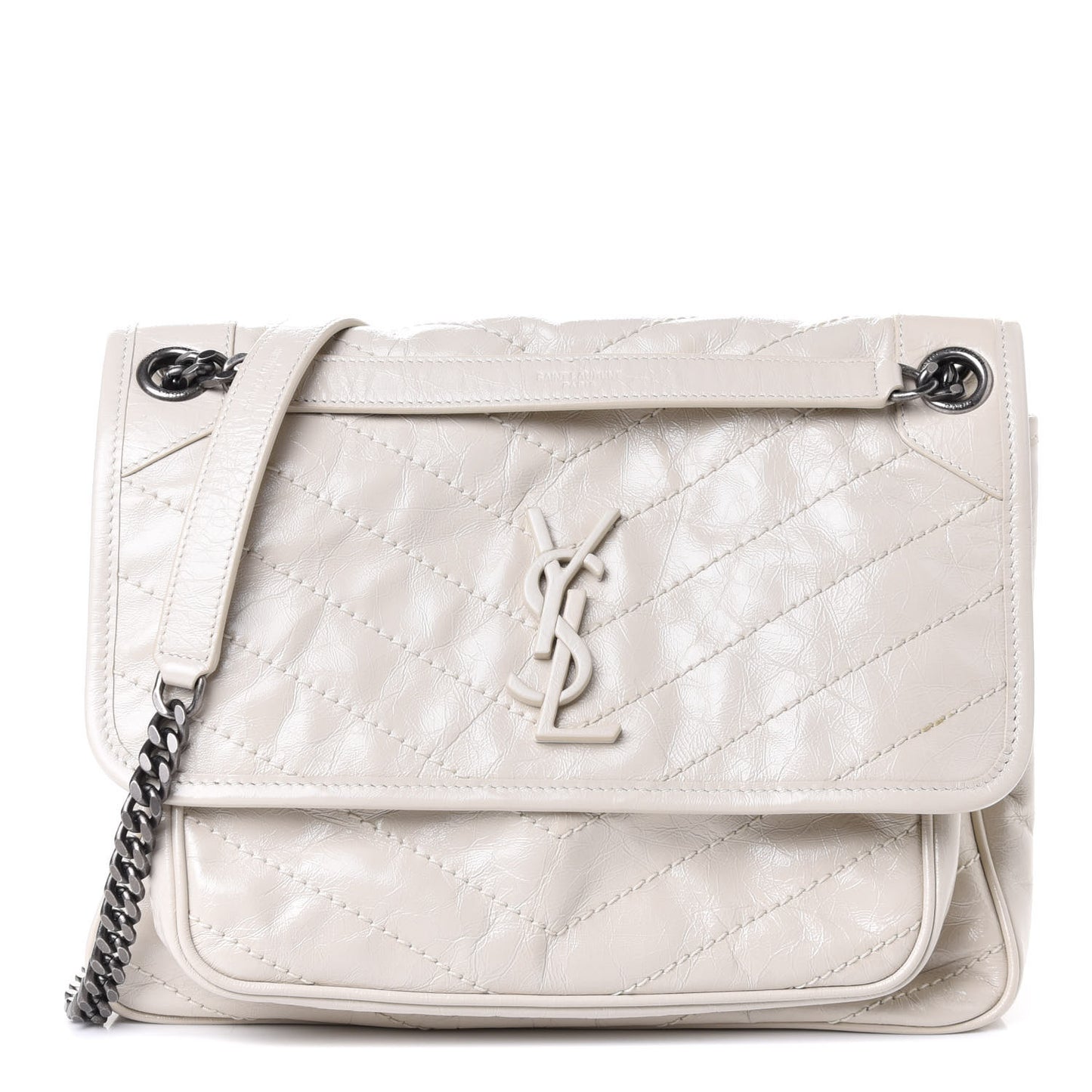 Crinkled Calfskin Matelasse Monogram Medium Niki Chain Satchel Ivory