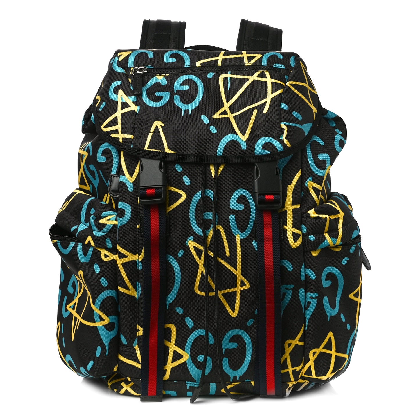 Techno Canvas GucciGhost Double Buckle Backpack Black New Acquamarine