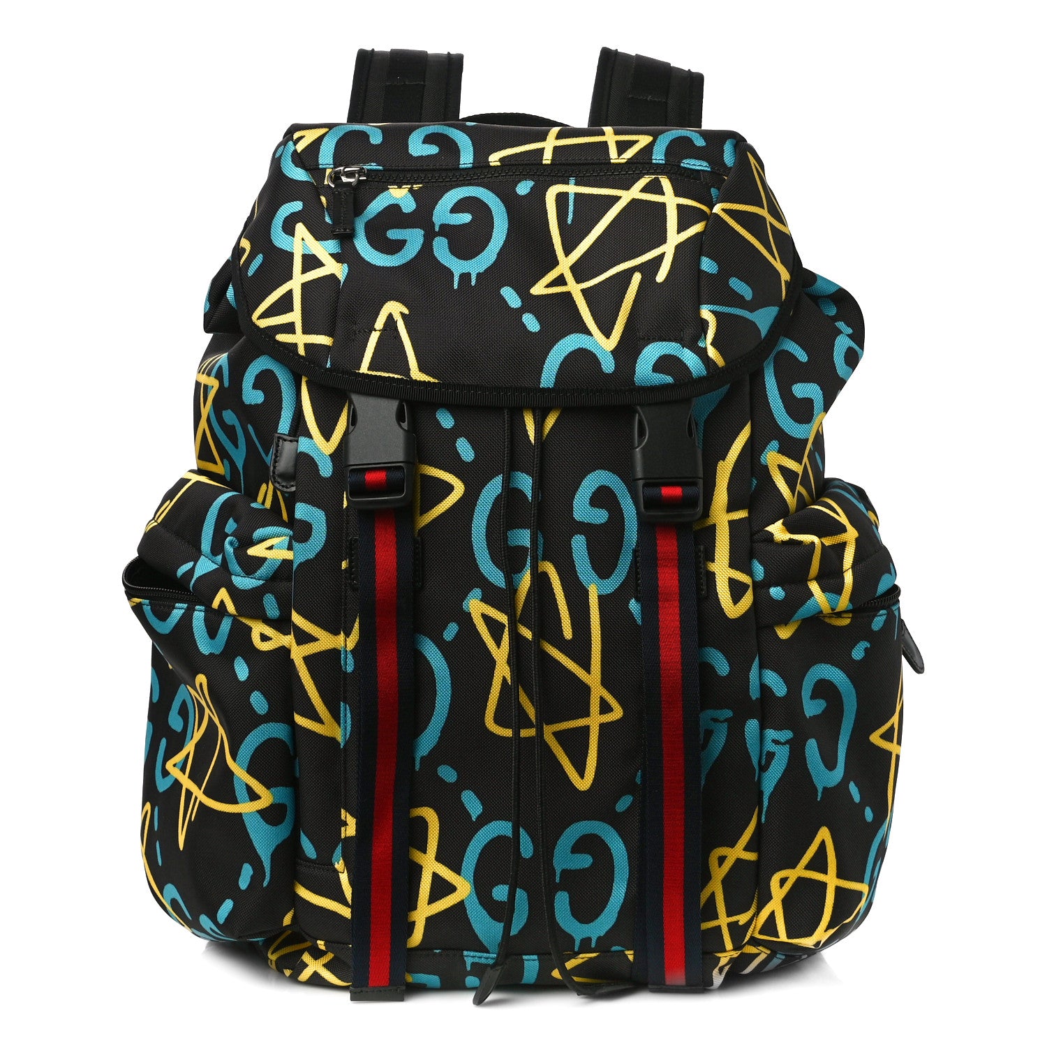 Gucci Techno Canvas GucciGhost Double Buckle Backpack Black New Acquamarine 1 of 12