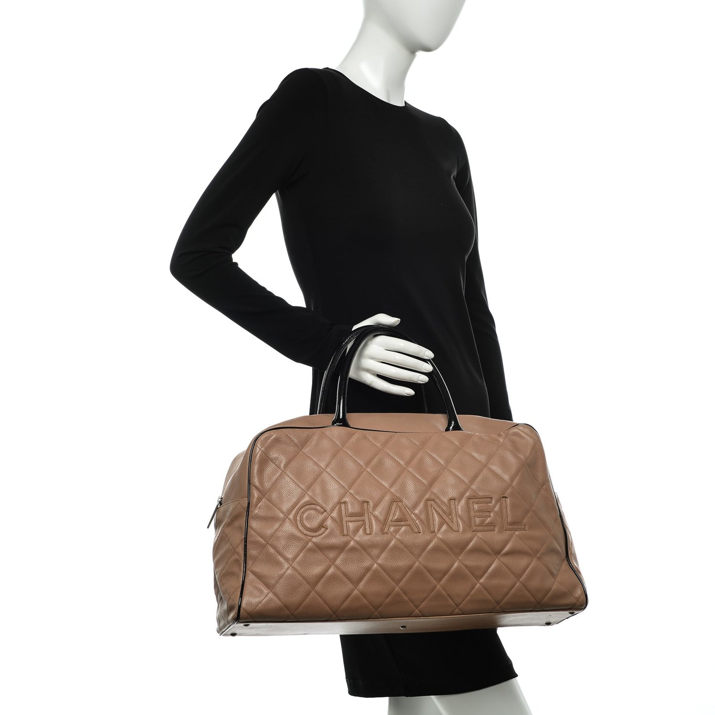 Caviar Patent Quilted Large Bowler Bag Beige Black